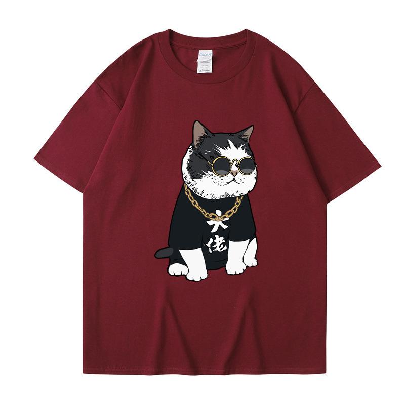 Летняя футболка с круглым вырезом, мультяшным милым принтом кота-босса, модная, повседневная, из чистого хлопка, с коротким рукавом, унисекс для мужчин и женщин