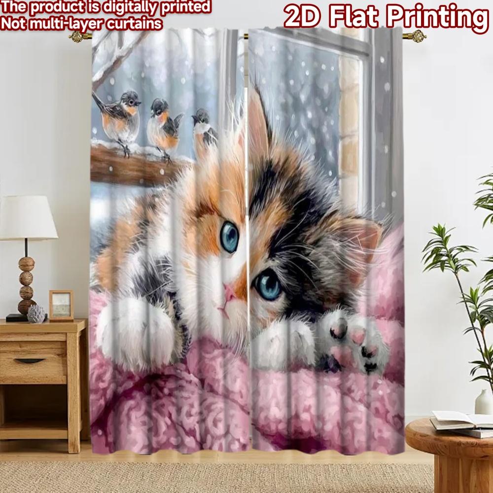 2D flat printing 2pcs Curtain Party Curtain Winter Cat by Window Digital Printed Polyester Drapes All Season Party & Holiday