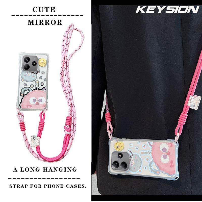 KEYSION Crossbody Strap Phone Case for Redmi Note 14 4G 5G Cute Cartoon Long Lanyard Mirror Shockproof Cover for Redmi Note 14 5G
