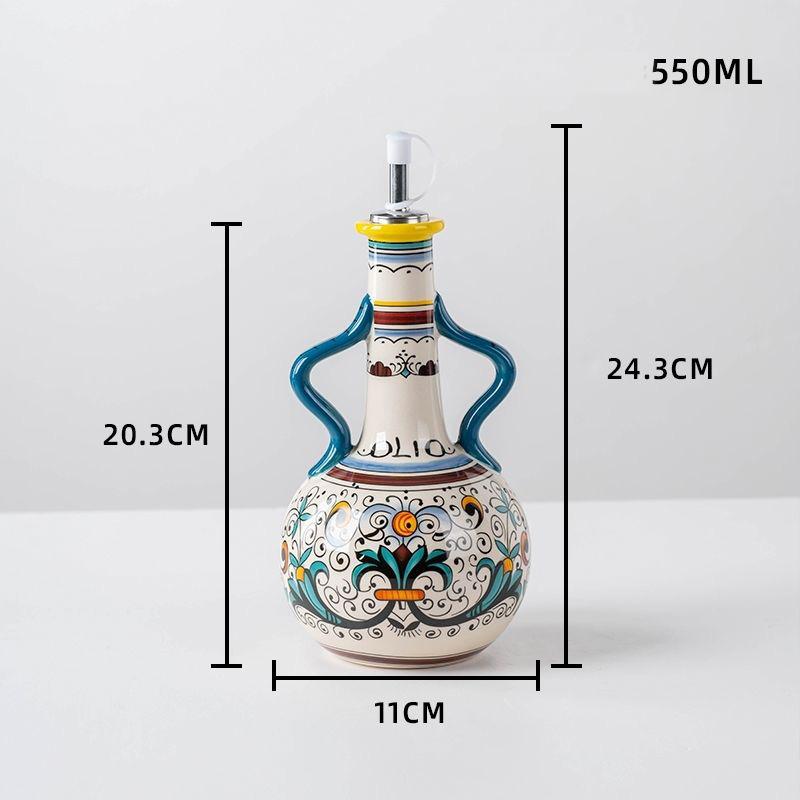 Керамическая бутылка-диспенсер для оливкового масла с ручкой, ручная роспись – 550 мл, в винтажном средиземноморском стиле