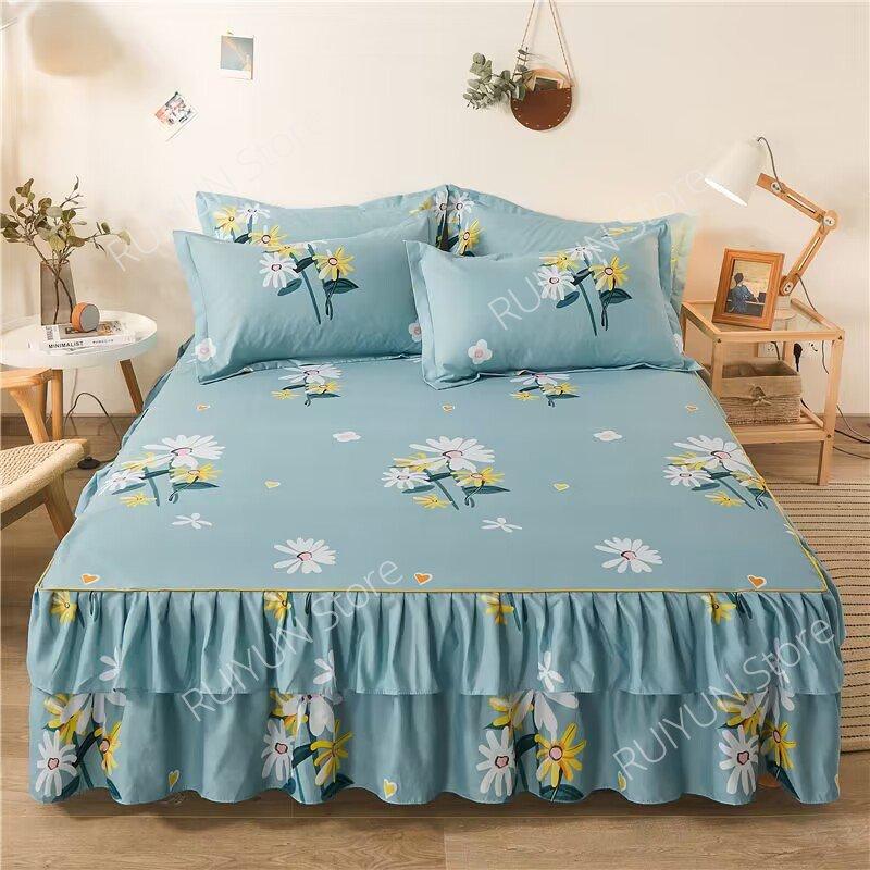 New Princess Printed Double Layers Bed Skirt Non-slip Mattress Cover Home Bedroom Soft Bedspread Bed Skirt Bedsheet Bed Cover