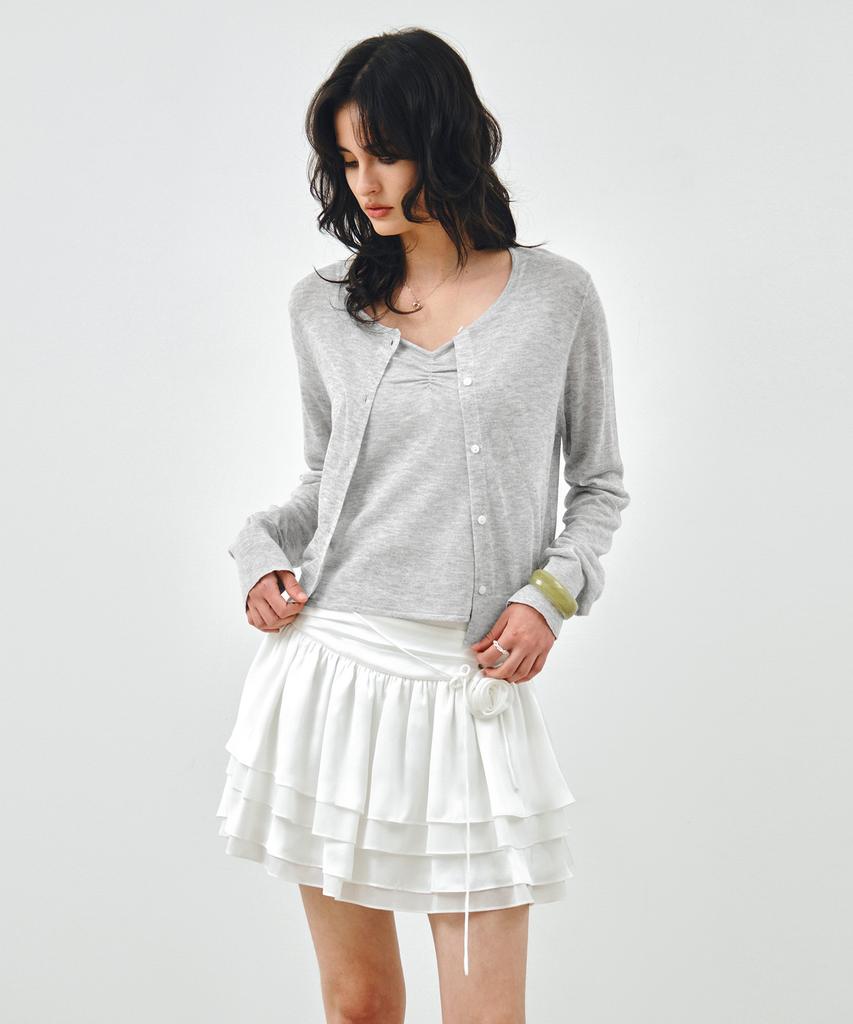 Mongdol [Belt Set] Flower Frill Mini Skirt White Mdsk036White