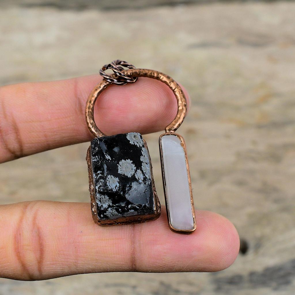 Snowflake Obsidian Rough Gemstone Pendant Electroformed Copper Pendant Handmade Mother Of Pearl Pendant Electroformed Jewelry Gift For Women