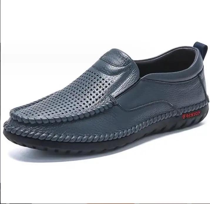 Fashion Breathable Genuine Leather Men Shoes Summer Slip On Loafers Man's Casual Leather Shoes Blue Flats Driving Male Shoes Moccasins