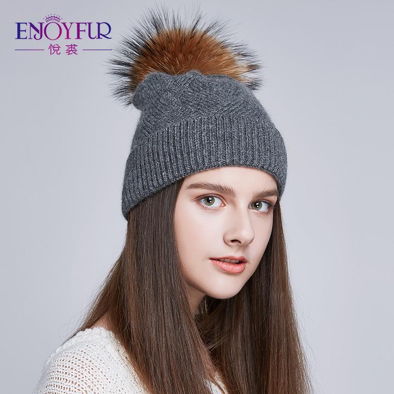 Мягкие зимние шапки ENJOYFUR для женщин, шапка с помпоном из натурального меха, теплые шерстяные шапки с напуском для женщин, модные женские шапки Skullies
