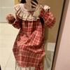 Korean-Style Red Plaid Cotton Nightgown with Lace Trim 