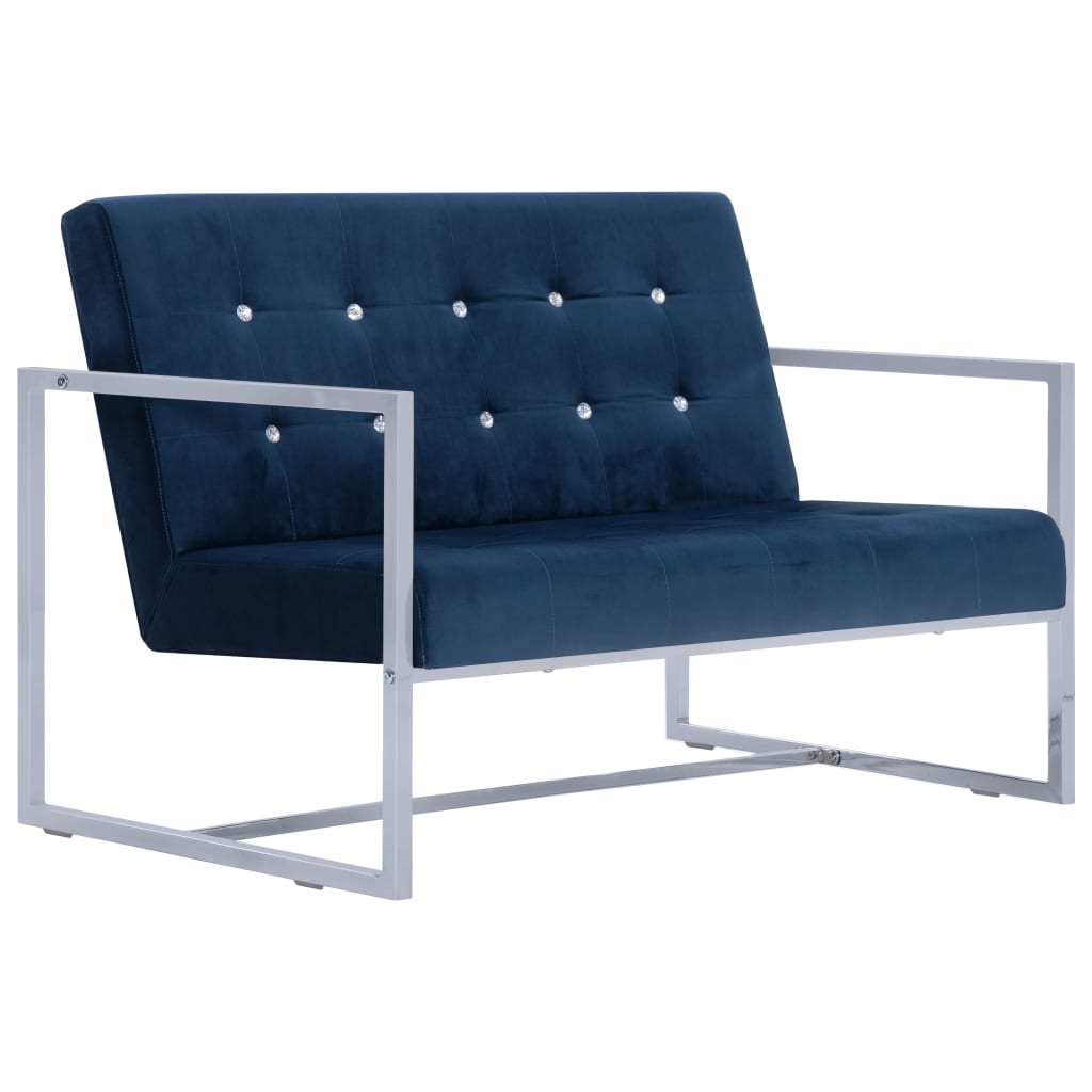 2 Seater Sofa with Armrests Blue Chrome Frame and Velvet Upholstery