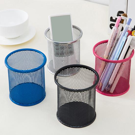 Round/Square Iron Mesh Pen Holder Office Desktop Pencil Stationery Box Case