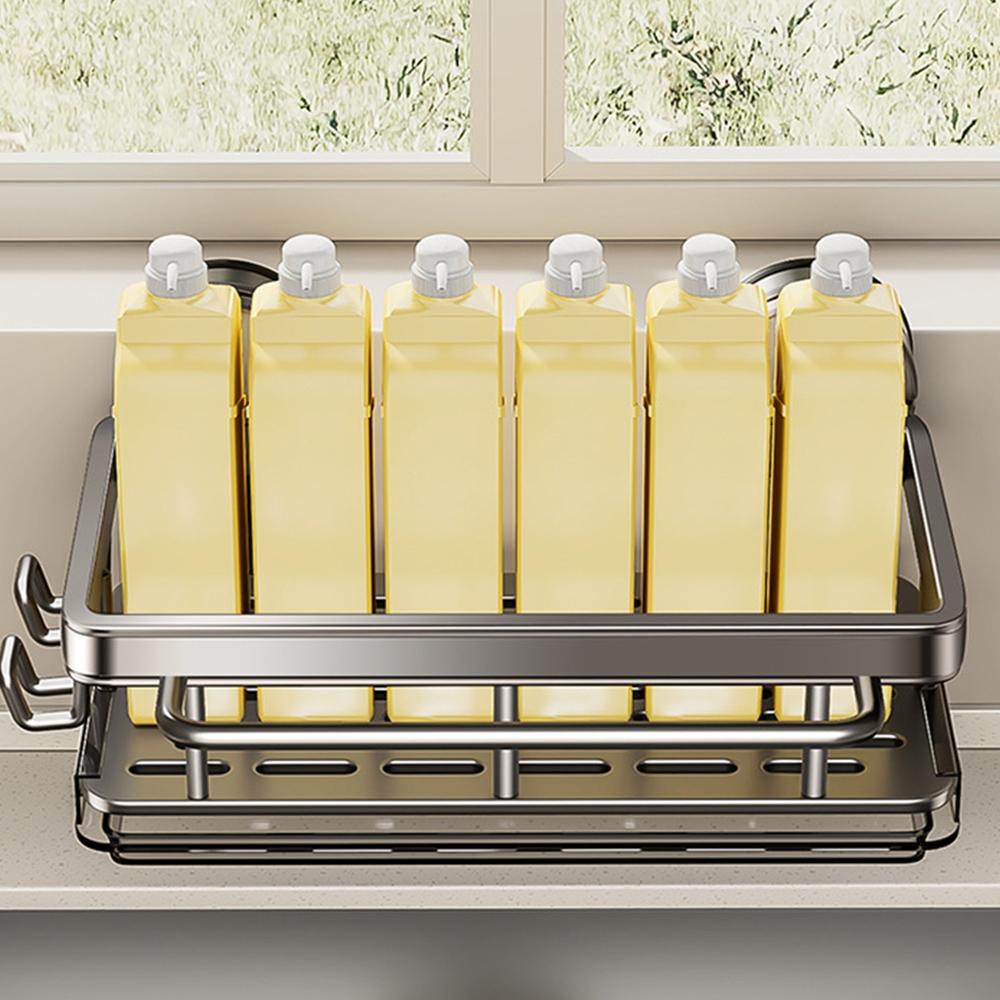 Kitchen Sink Organizer Suction Cup Space Aluminum Dish Sponge Holder Draining Rack with Hanging Rod+2 Hooks