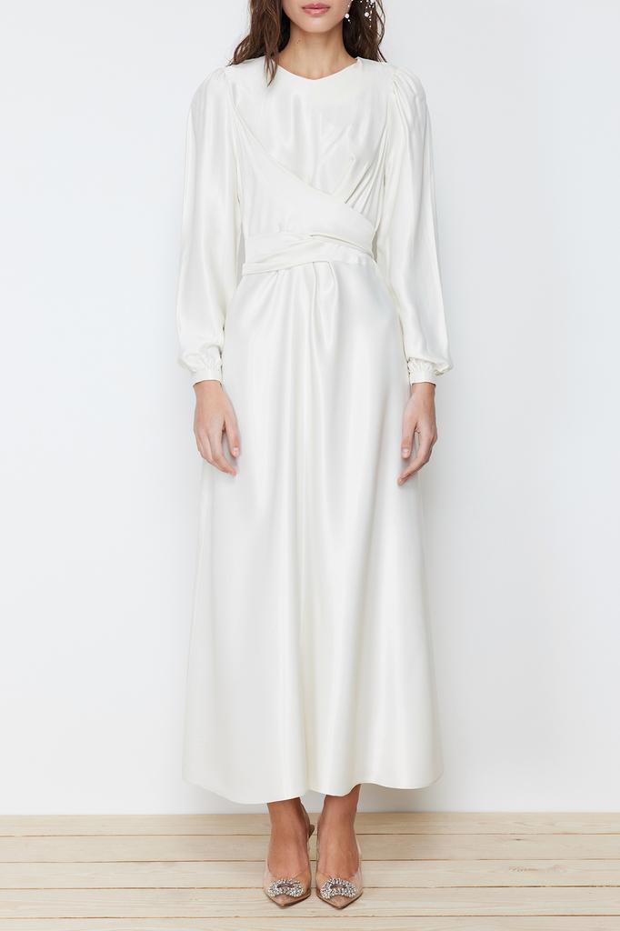 Женская мода новое вечернее платье в стиле хиджаб цвета экрю двубортное детальное свадебное длинное вечернее платье для особого дня