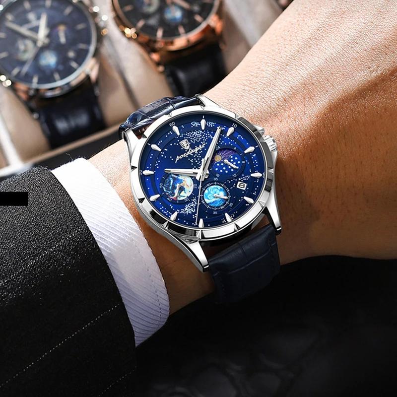 POEDAGAR Брендовые модные кварцевые часы Starry Sky Chronograph с ремешком из нержавеющей стали и кожи, водонепроницаемые, с подсветкой, мужские часы