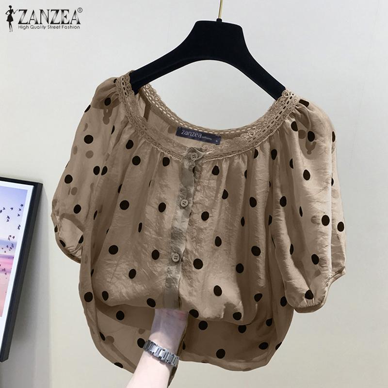 ZANZEA Женская повседневная блузка с коротким рукавом и круглым вырезом в горошек с принтом