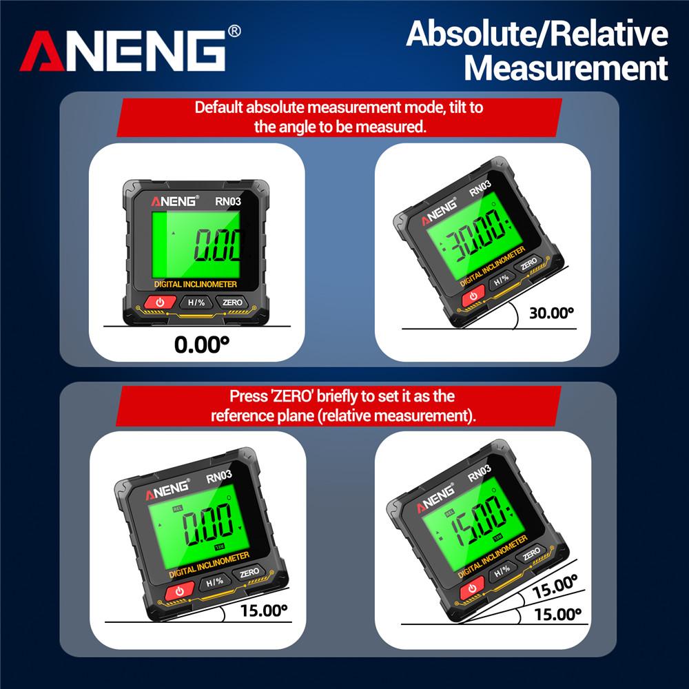 ANENG RN02/RN03 Laser Digital Inclinometer, 4-sided Magnetic Rechargeable Angle Measuring Instrument, 360° Rotation Measurement