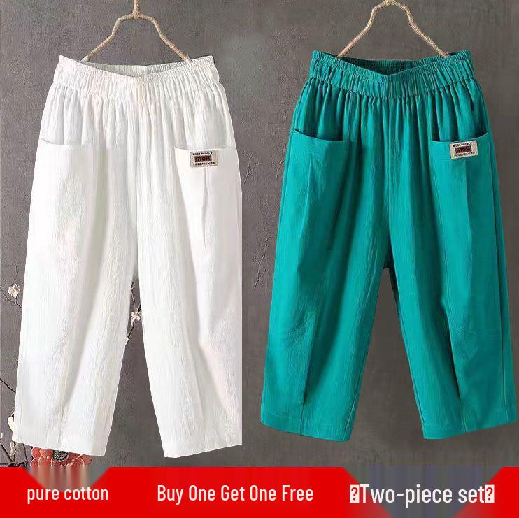 Женские летние укороченные брюки из хлопка и льна - Свободные, Эластичная талия, Большой размер, Узкие гаремы, Универсальные повседневные брюки