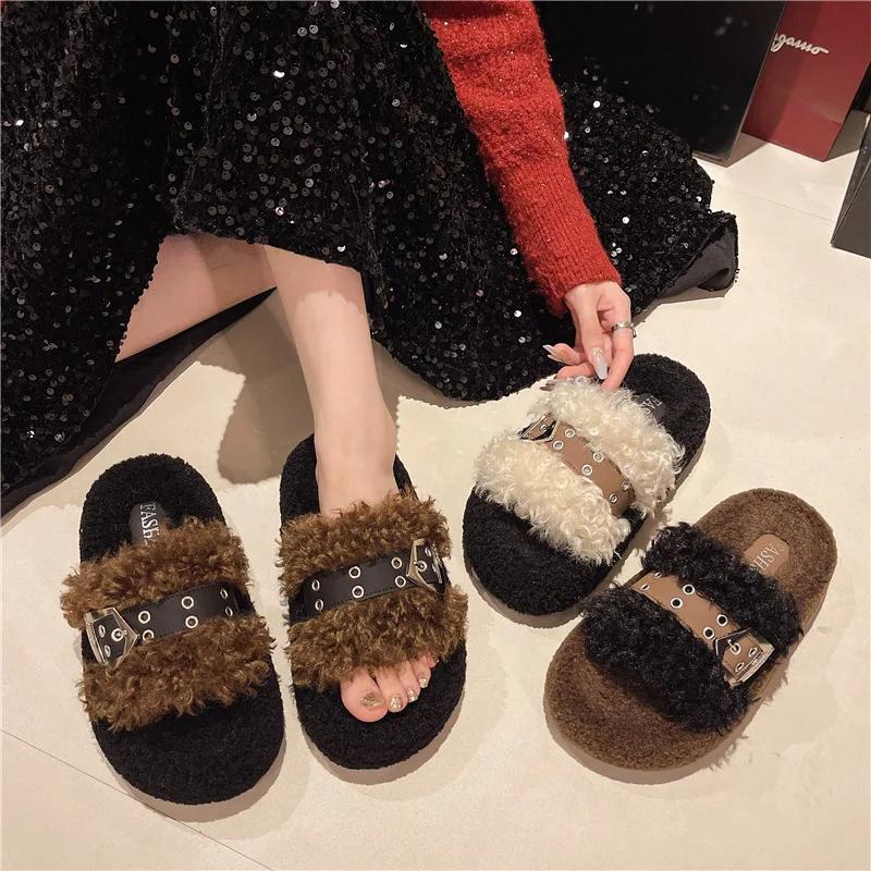 Fashion 2024 Winter Women's Thick Bottom Belt Buckle Slippers Outdoor New Round Head Warm Plush Cotton Slippers