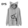 Women Fall Winter Hoodie with Big Pocket Cat Ear Decor Kitty Printing Hooded Full Sleeves Loose Pullover Home School Sport Top