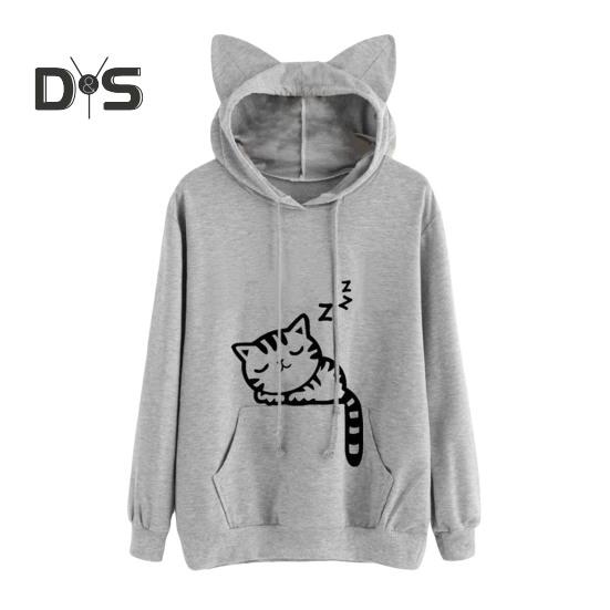 Women Fall Winter Hoodie with Big Pocket Cat Ear Decor Kitty Printing Hooded Full Sleeves Loose Pullover Home School Sport Top
