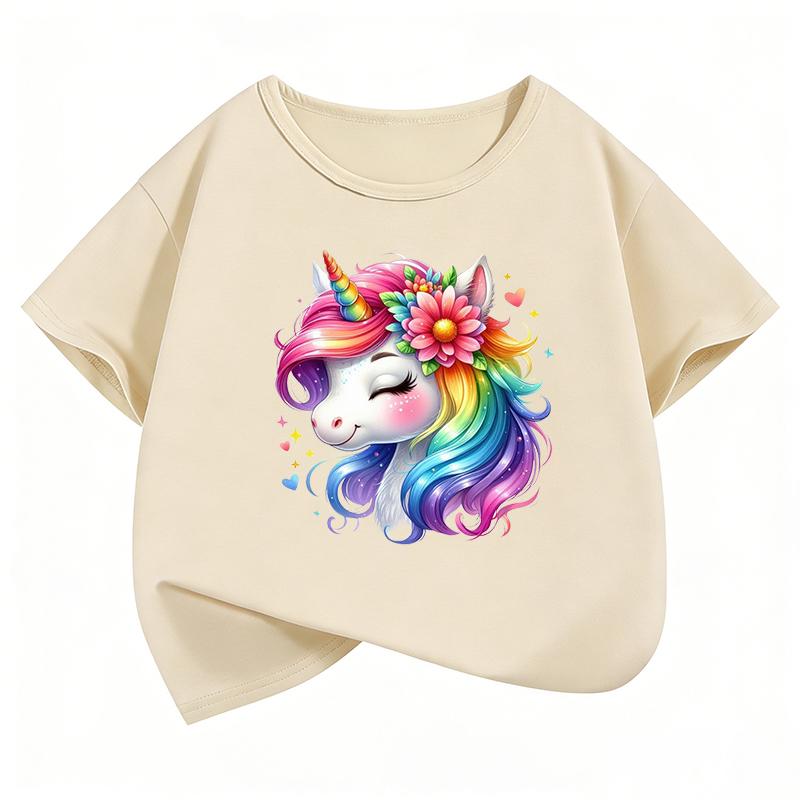 Fashion Horse with Rainbow Design TShirt Printed T Shirt Girls Summer Clothes Short Sleeve Tops TShirts Cute Girls Clothing