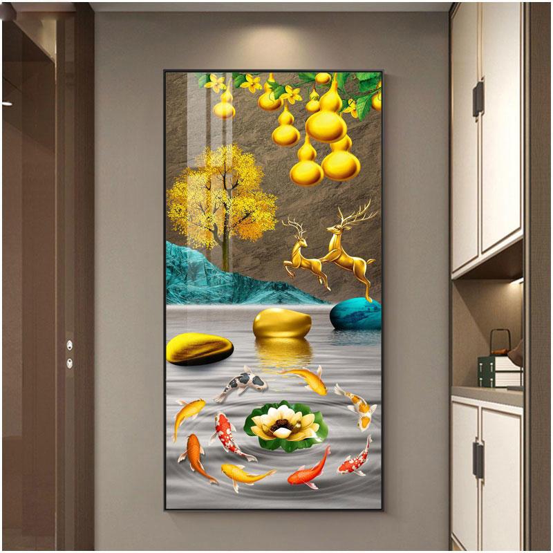 Abstract Fengshui Golden Zen Stone Canvas Painting Golden Moon Deer Wall Art Rich Tree Posters for Porch Wall Decor No Frame