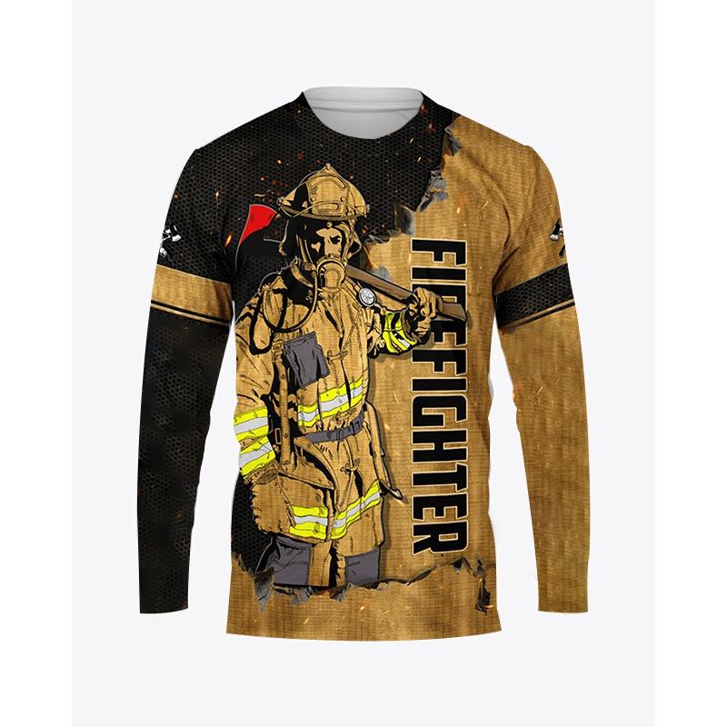 Осенняя мужская футболка с круглым вырезом и графическим принтом пожарного, повседневный пуловер большого размера с длинными рукавами, модная уличная мужская одежда