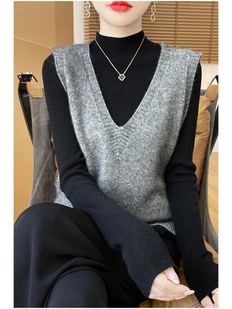 Кашемировый вязаный жилет с V-образным вырезом: Свободный крой, без рукавов, простой пуловер