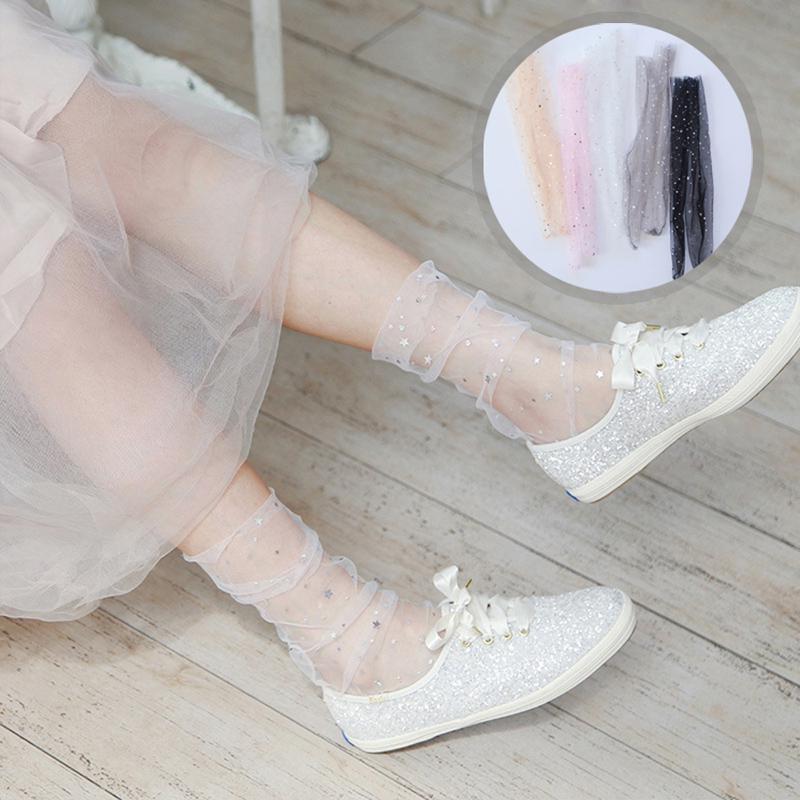 1 Pair Summer Fashion Candy Color Thin Mesh Tulle Ankle Socks WomenTransparent Elastic Mesh Shiny Stars Moon Fishnet Socks