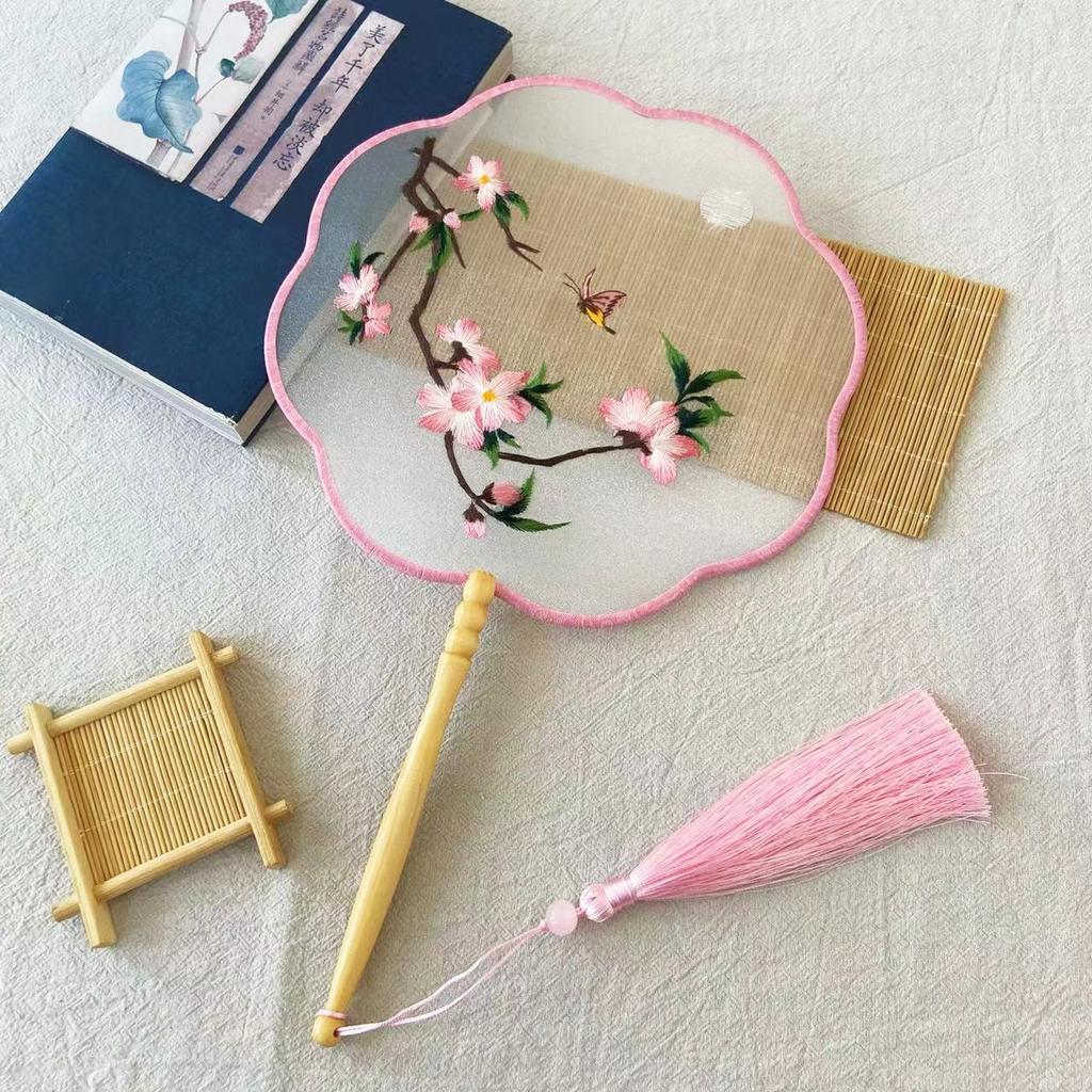Embroidery Round Fan Classical Long Handle Group Fan Dance Fans Photography Props Home Decor