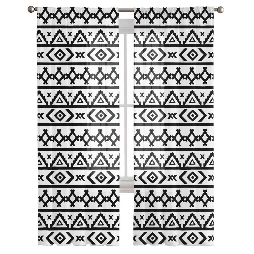 Тюлевые шторы в стиле бохо с геометрическим узором в стиле ретро для гостиной, спальни, современные шифоновые прозрачные кухонные шторы