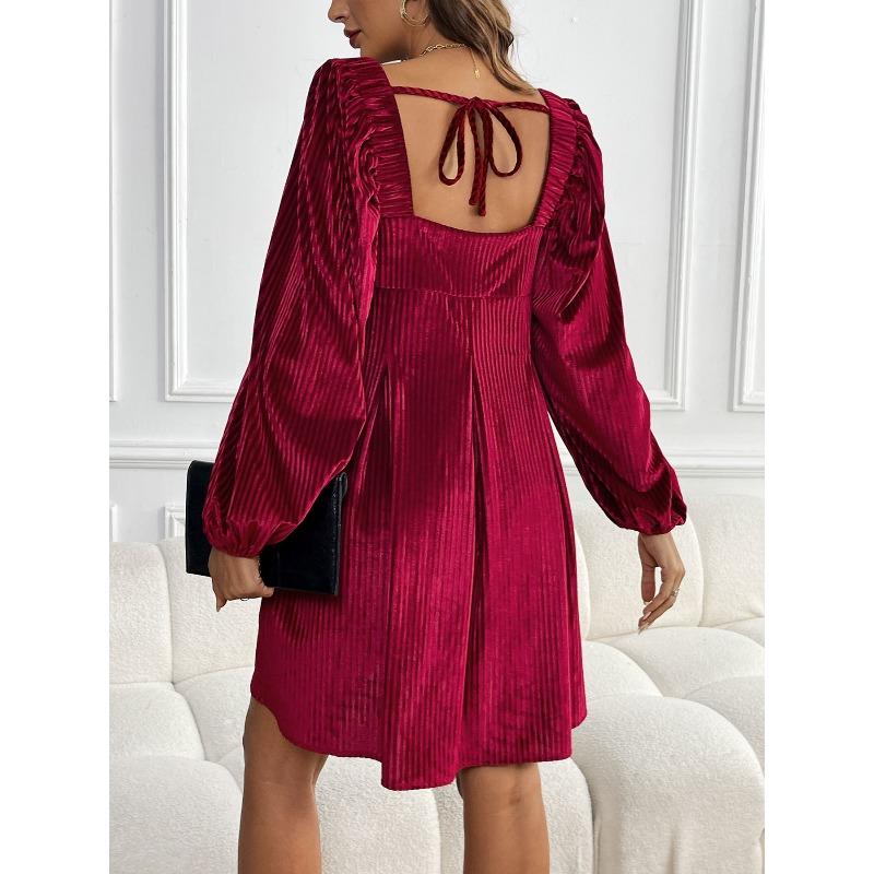 YYFS Женская мода весна осень однотонный принт длинный рукав квадратный воротник свободная талия повседневные платья