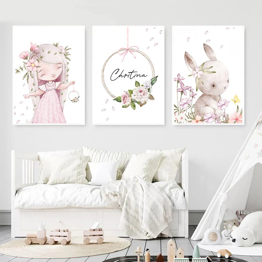 Розовый кролик для девочек, имя цветка на заказ, настенное искусство для детской комнаты, печать на холсте, картина с кроликом, постер, мультяшная картина для декора детской комнаты