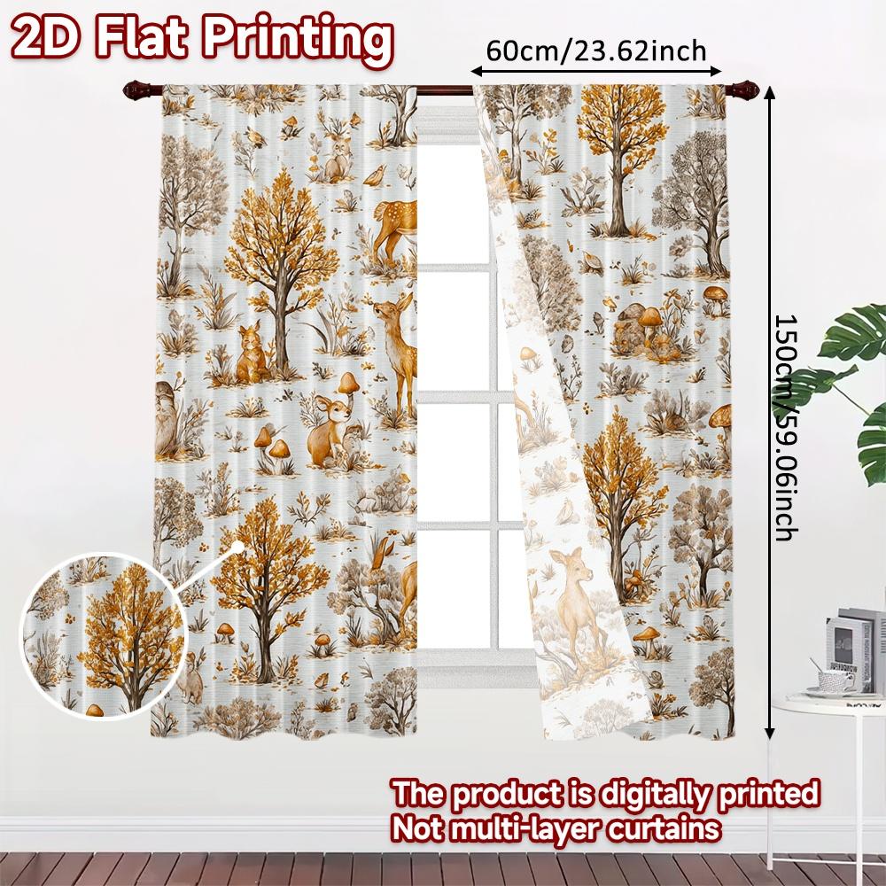 2pcs, 2D FLAT PRINTING Curtains (Without Rod) Forest Friends(1) Christmas Festival Chic Print Curtains Polyester Easy Install
