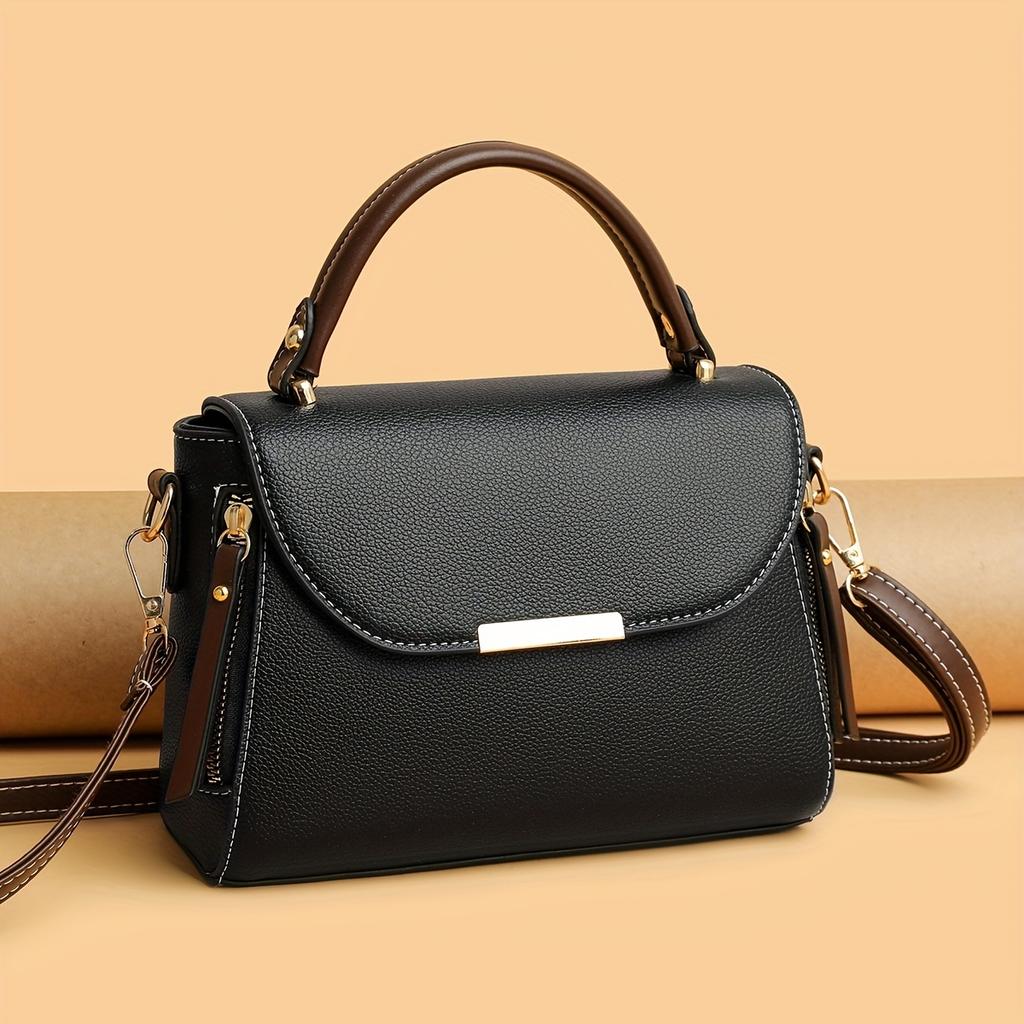 Retro Flap Handbag For Women, Color Contrast Crossbody Bag, Fashion Multi Layer Purse With Top Handle