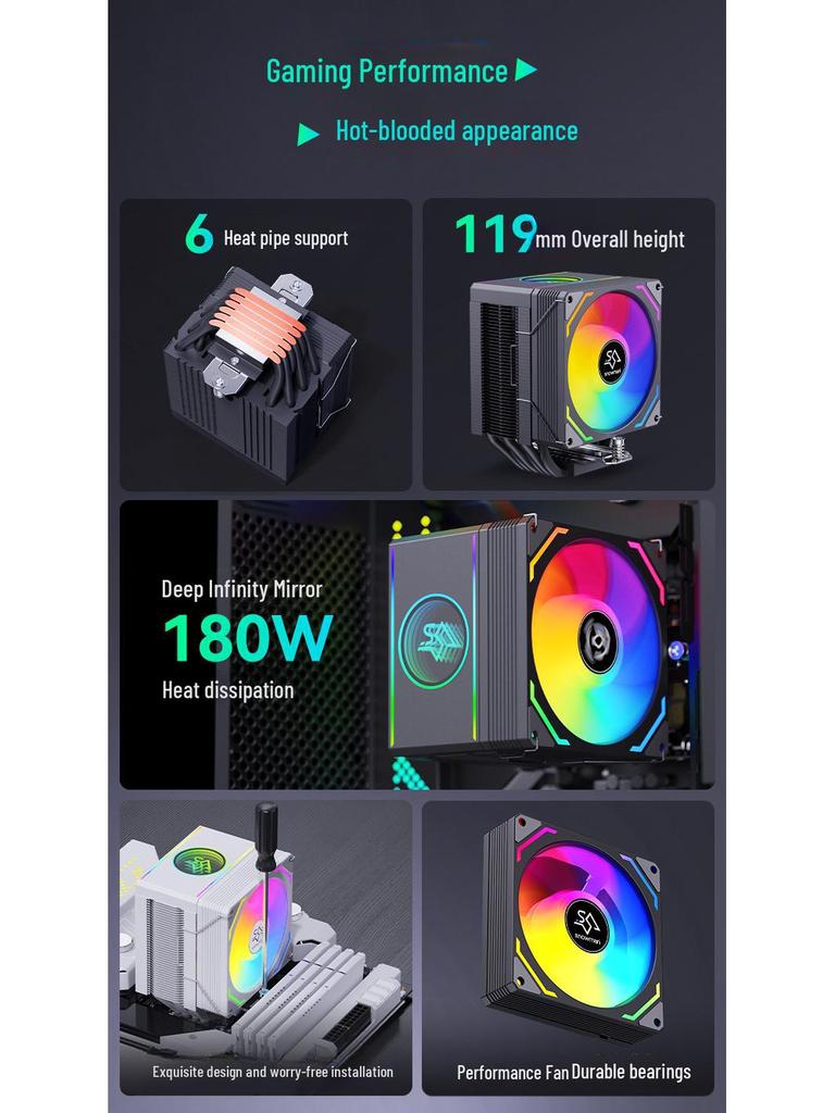 Бесшумный процессорный кулер SNOWMAN Bingman MX96, 6 тепловых трубок, воздушное охлаждение, совместим с 1700, X99, AMD и 2011.