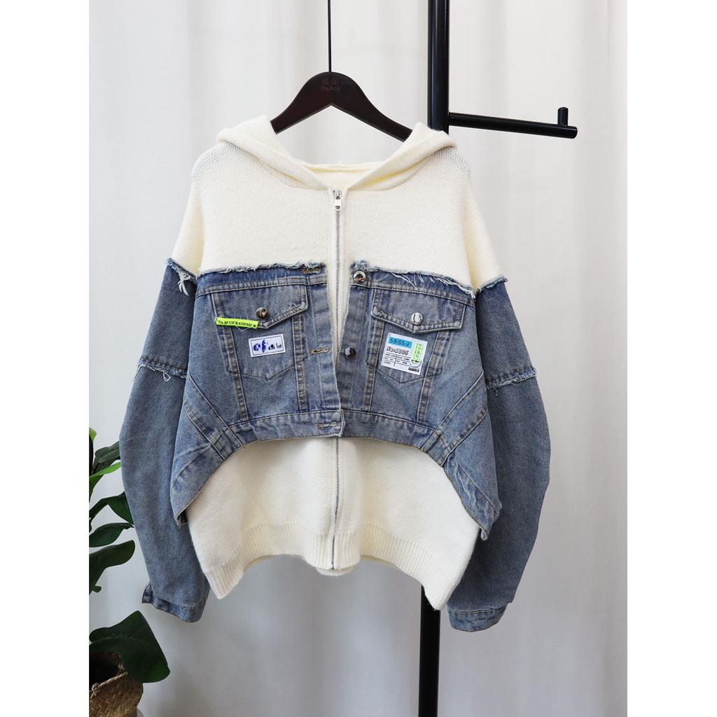 FiveFive Denim Patchwork Cardigan Coat Women Long Sleeve Hooded Loose Letter Patch Sweater Jacket Autumn Winter