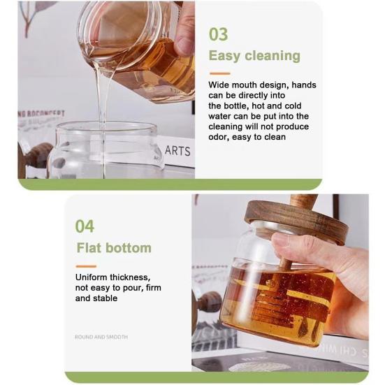 Glass Honey Jar 400ml Transparent Sealed Tank with Wooden Lid Dip Sticks Airtight Canister Syrup Dispenser for Home Kitchen Bar