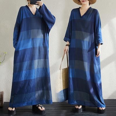 2025 Женское Весеннее Платье Большого Размера Винтажное Сплошное Свободное Базовое Элегантное Синее Длинное Платье Хлопок Повседневное
