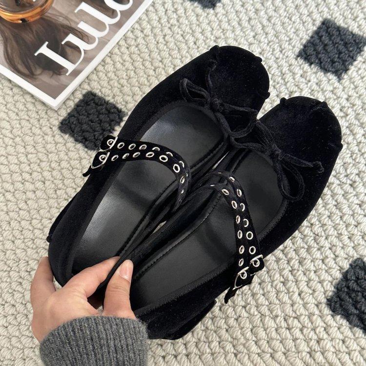 Princess On the Run~ French Soft-soled Velvet with Mary Jane Shoes Women's Early Spring Festival Fairy Bow Single Shoes