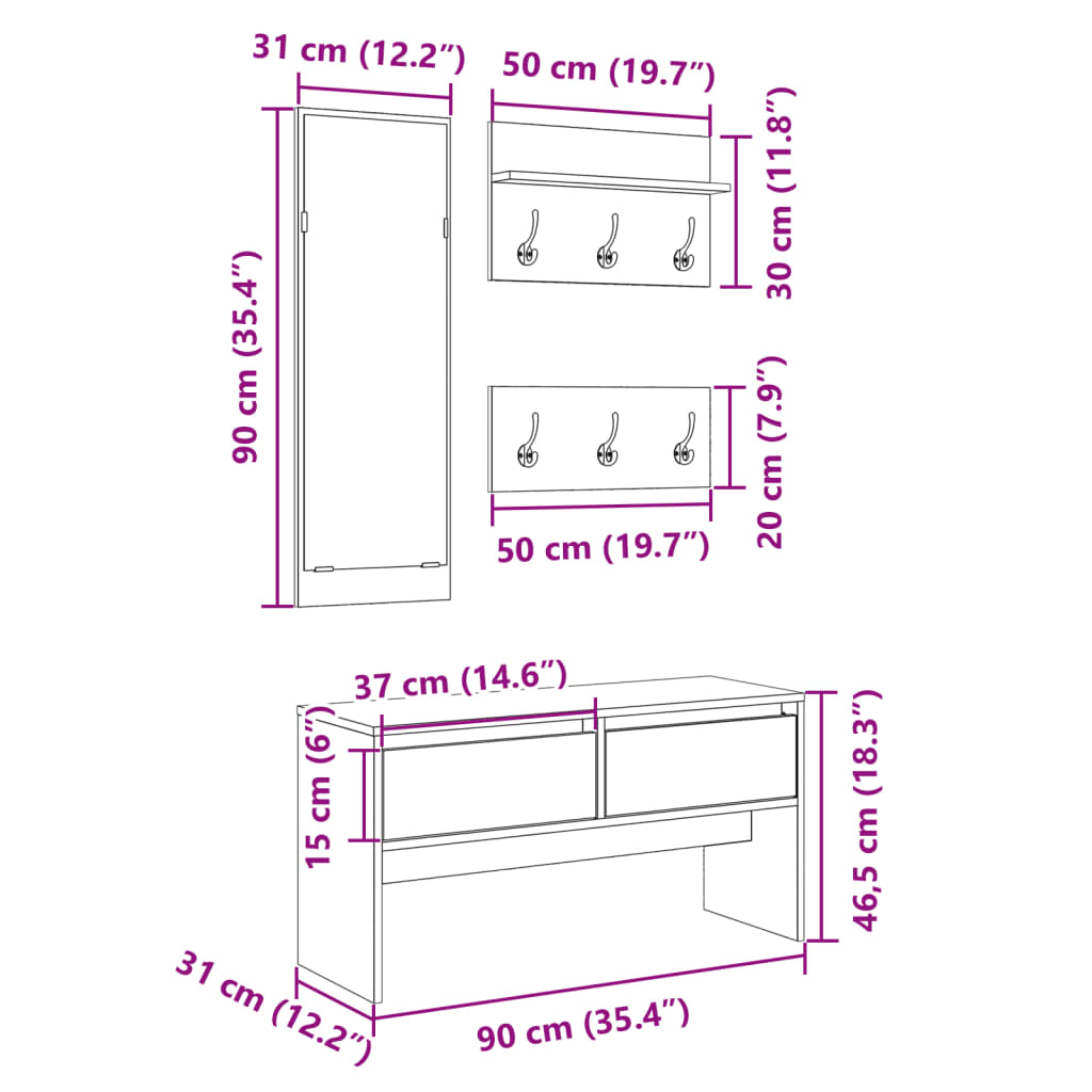 4 Piece Coat Rack Set Concrete Grey Particleboard