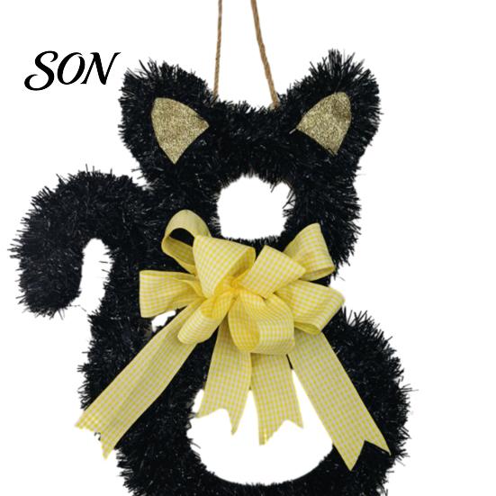 Wall Window Fireplace Decoration Halloween Cat Wreath, Cute Black Shape Door Hanging Ornament, Glitter Tinsel Fall Home Ornament Wreath with