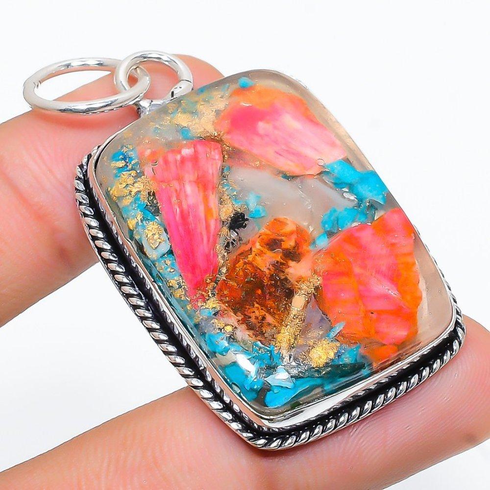 Spiny Oyster Gemstone Handmade 925 Sterling Silver Jewelry Pendant 2.17" U7y13