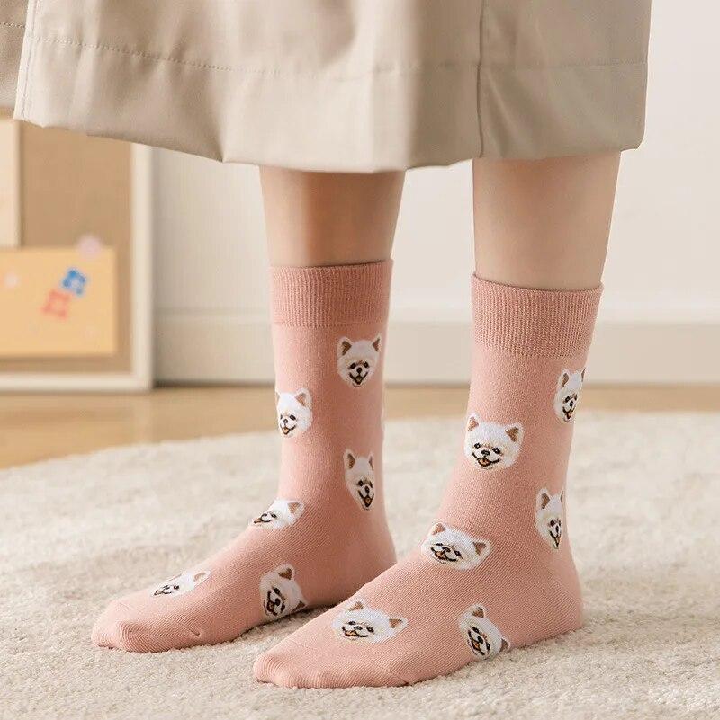 Cute Cartoon Dog Women‘s Sock Kwaii Korea Harajuku Funny Dalmatian Malzis Teddy Pomeranian Long Sox Skarpetki Chaussette Meias