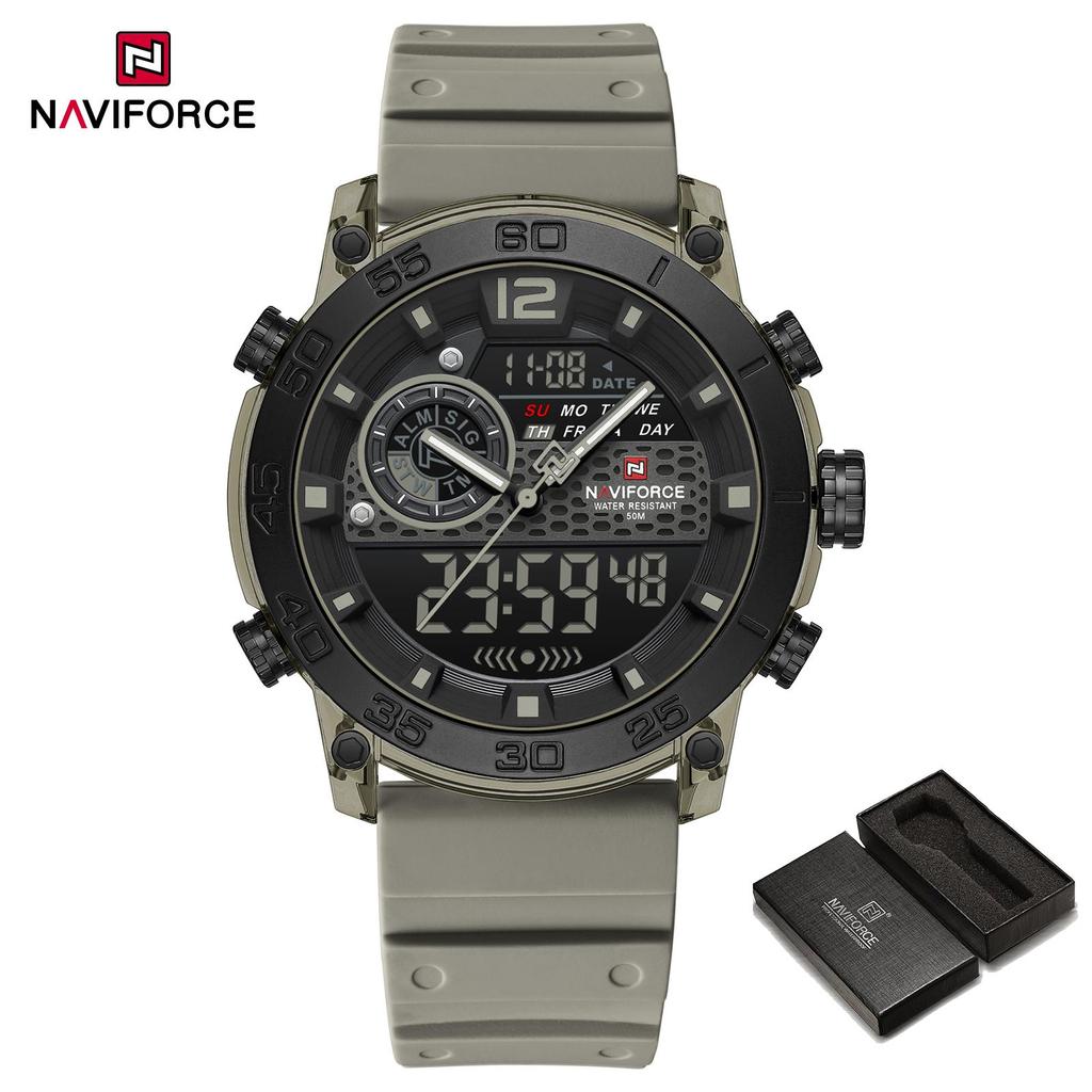 Naviforce Мужские спортивные часы Кварцевый механизм ЖК-цифровые часы Дата День Хронограф Водонепроницаемый силиконовый ремешок Мальчики Многофункциональные часы NF6104