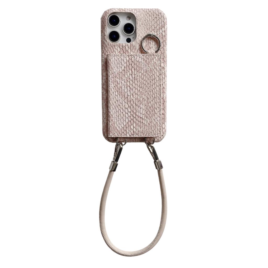 For iPhone 15 Pro Case Card Holder Mirror Snake Texture PU+PC Back Cover with Lanyard