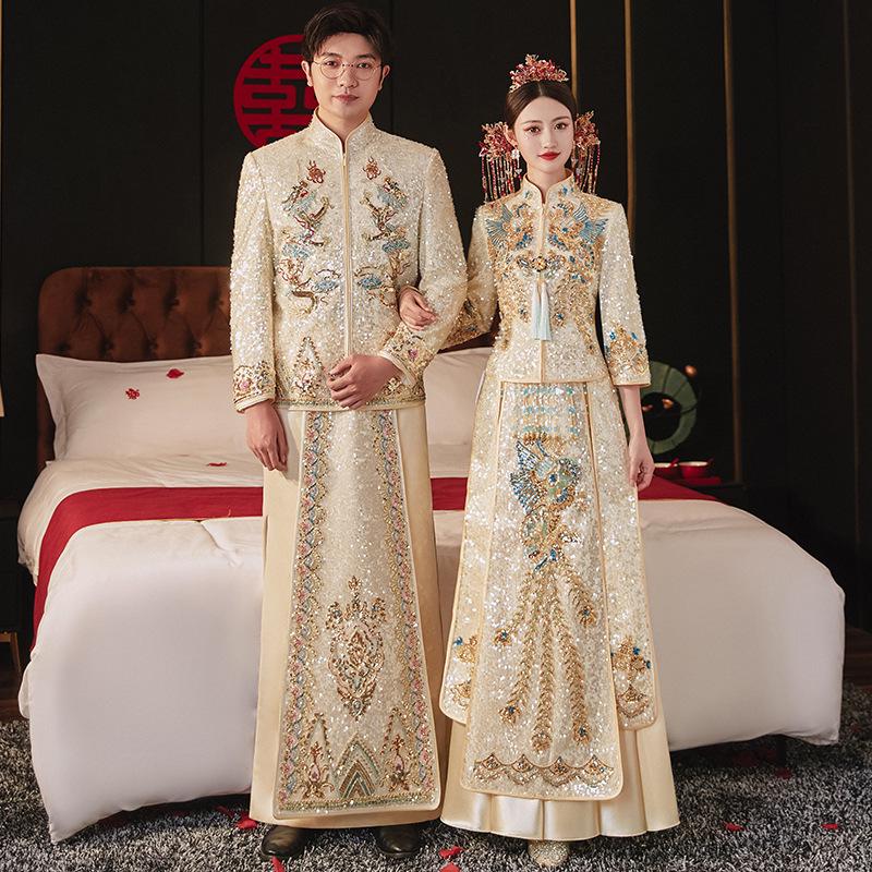 Xiuhefu 2025 Elegant Chinese Bridal Champagne Dress - Summer Dragon & Phoenix Kimono Gown