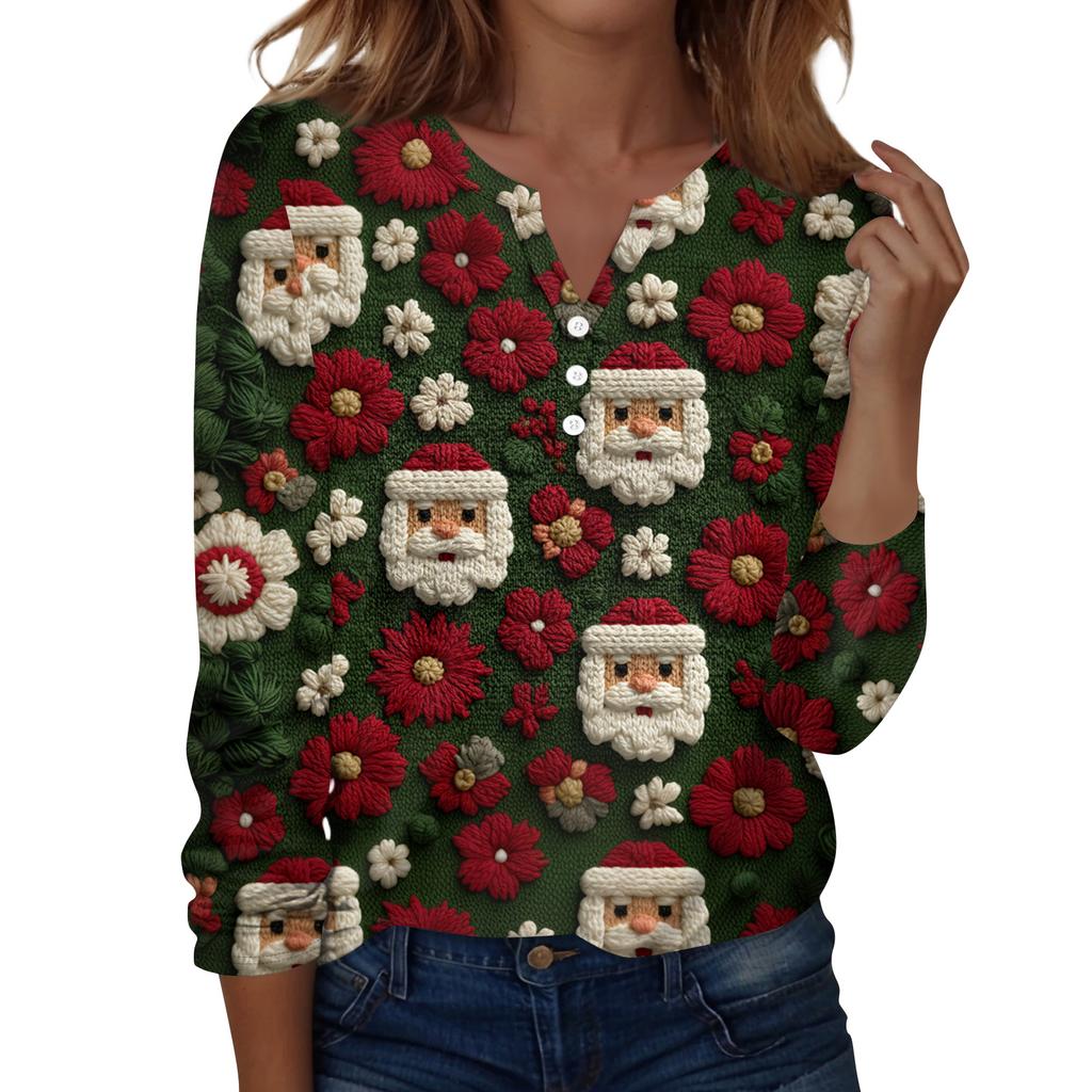 Женская мода Повседневная футболка с V-образным вырезом, длинными рукавами и декоративными пуговицами