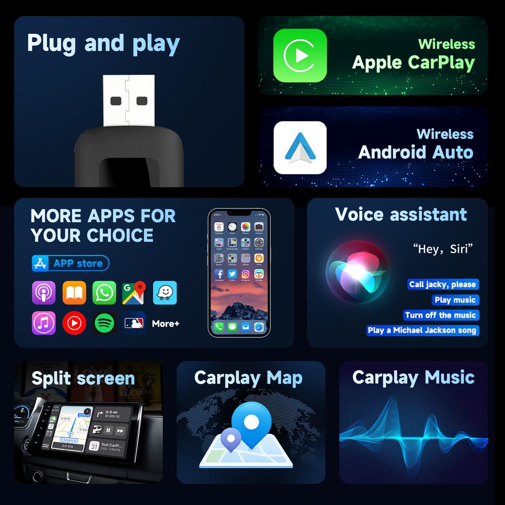 Kebidumei Smart Mini CarPlay Ai Box Wireless Carplay Adapter Android Auto 2 In 1 Mini Adapter Plug and Play Dongle Quick Connect
