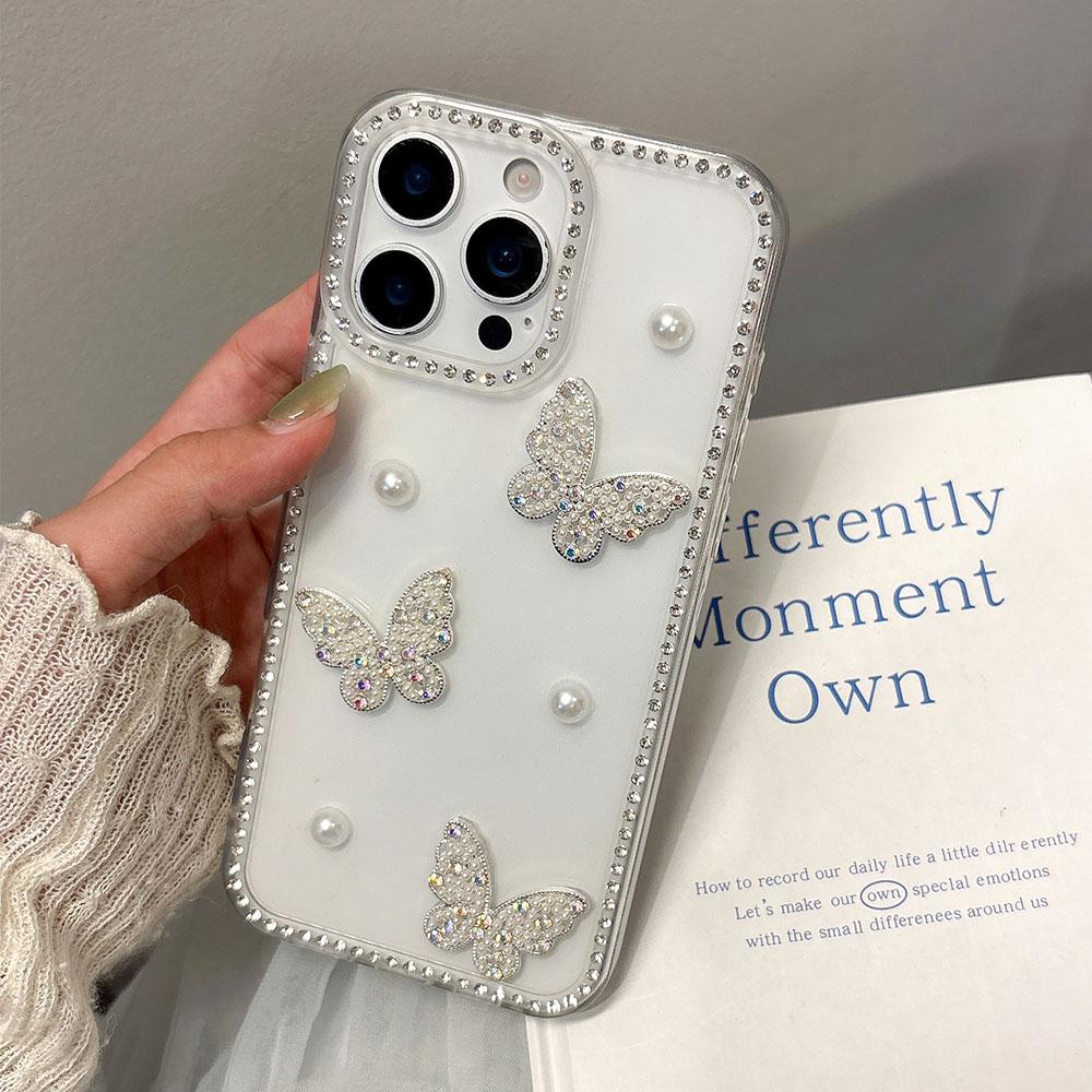 INS Korea Glitter 3D Pearl Butterfly Diamond Phone Case  For Samsung S25 S24 S23 Ultra Plus S22 S21 FE A16 A26 A36 A56 A06 A15