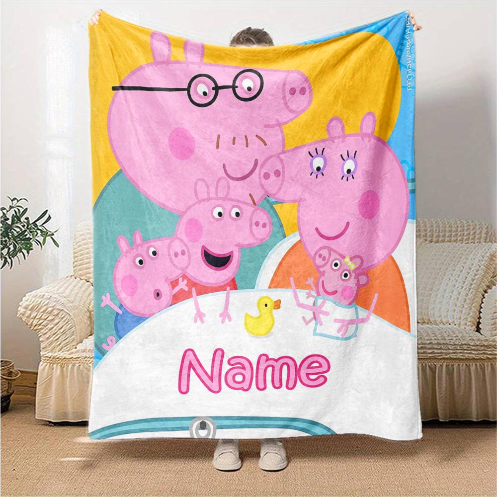 Custom Name Peppa Pig Theme Printed Blanket - Perfect for Couch, Bed, Travel & Outdoor Use | Machine Washable, Cozy & Durable.