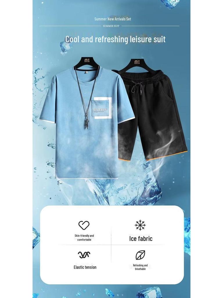 Мужской летний повседневный спортивный комплект 2023 года: Футболка с коротким рукавом и шорты в гонконгском стиле — легкий модный комплект из двух частей