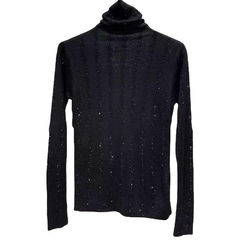 Women's High Neck Long Sleeve Heavy Duty Rhinestone T-shirt (92% Polyester, 8% Spandex)